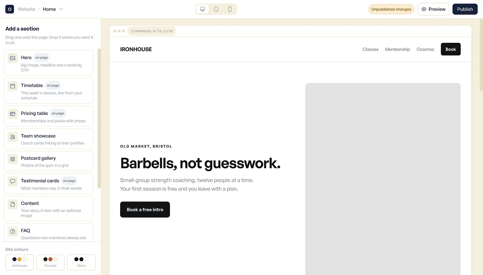 Website homepage for Ironhouse gym showing hero section with headline Barbells, not guesswork and booking call-to-action