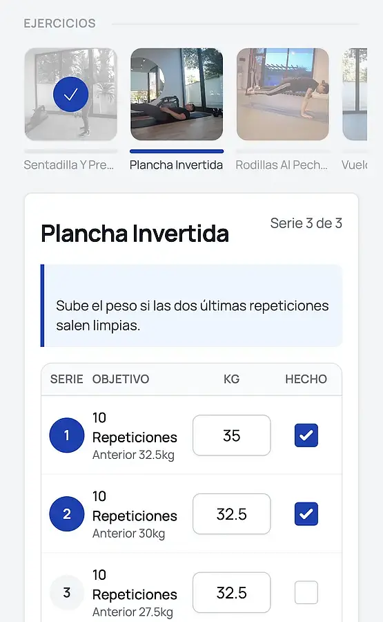 An inverted plank exercise tracking screen showing three sets of ten repetitions with varying weights