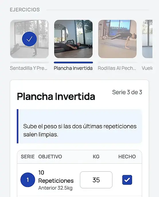 Exercise instruction screen for Plancha Invertida with set targets and performance metrics