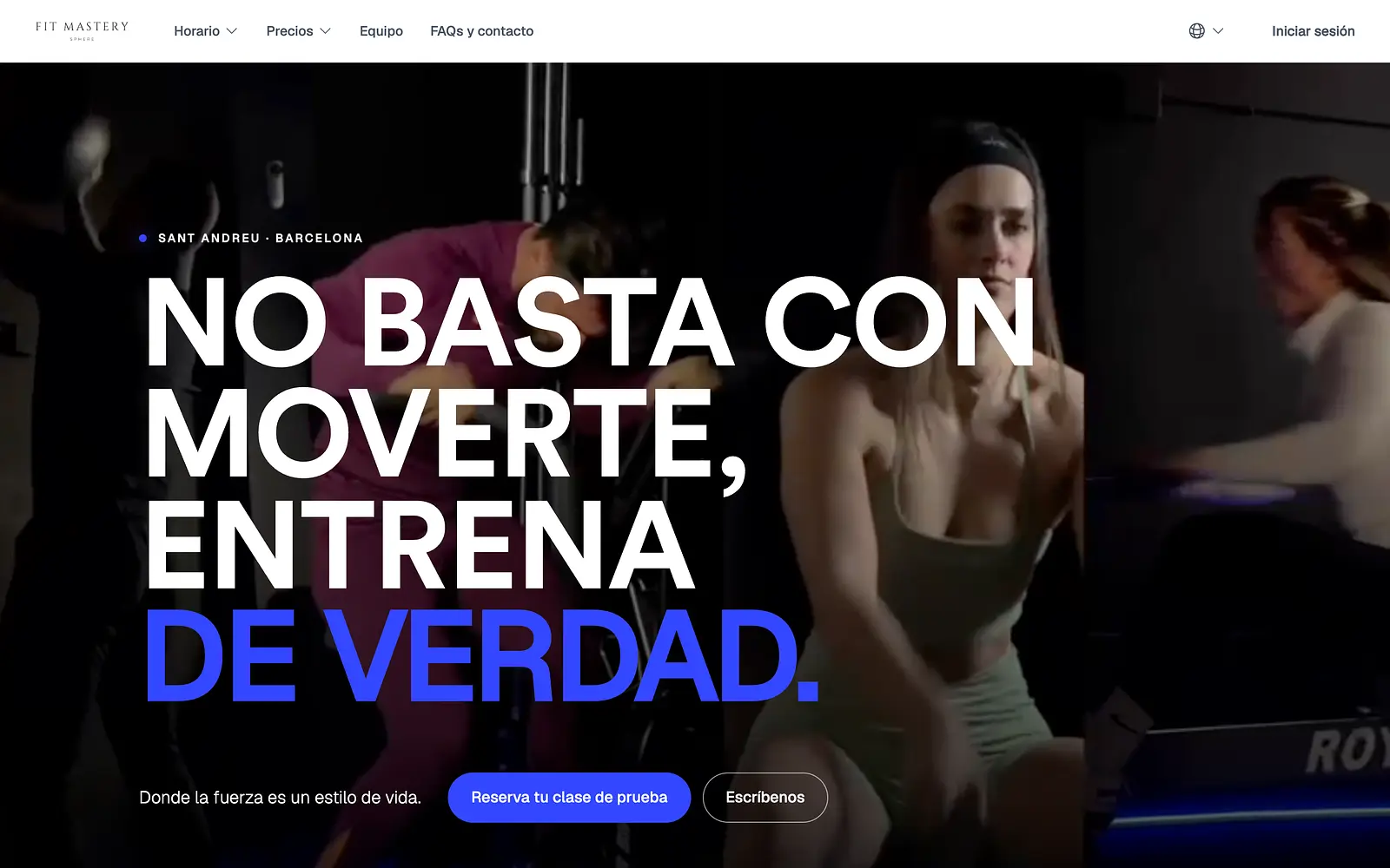 Fit Mastery gym website homepage with training members and promotional text