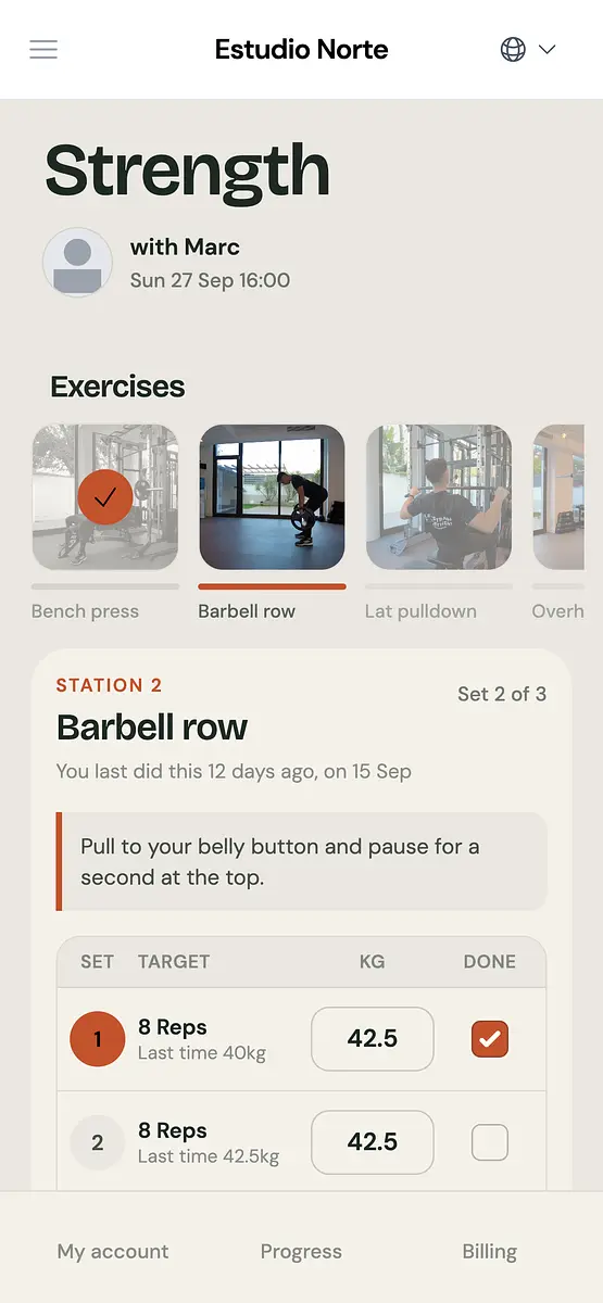 A barbell row workout logged in a fitness app showing two sets of eight reps at 42.5 kilograms